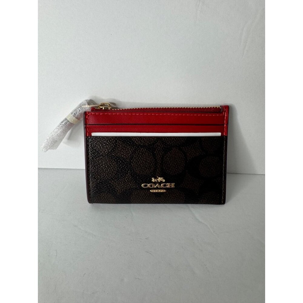 Coach Mini Skinny Id Case Signature Canvas Gold Walnut Bold Red - Picture 4 of 6